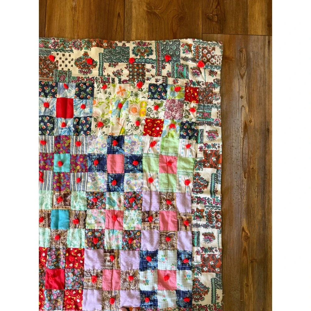 Vintage Handmade Patchwork Tied Quilt Multi-Color Floral Boho Throw 21x35
